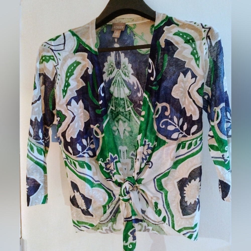 Chicos Brand women's cardigan, size 0, blue and green, 3/4 sleeves